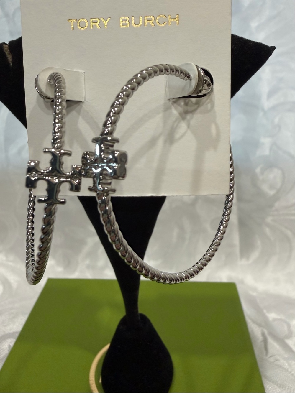 Tory Burch Silver Twisted Logo Hoop Earrings
